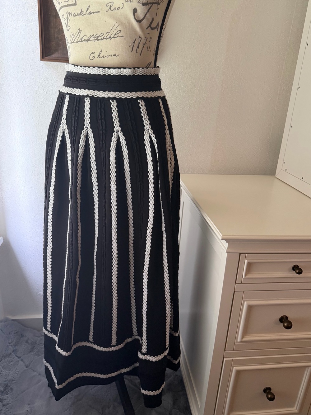Maje Black Maxi Skirt with White Trim